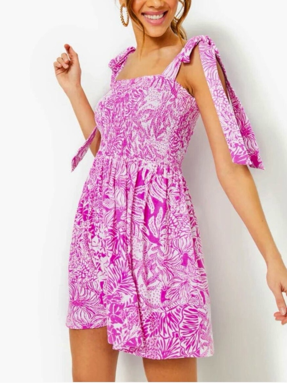 Lilly Pulitzer Rivera Smocked Romper Wild Fuchsia Swipe Right size large